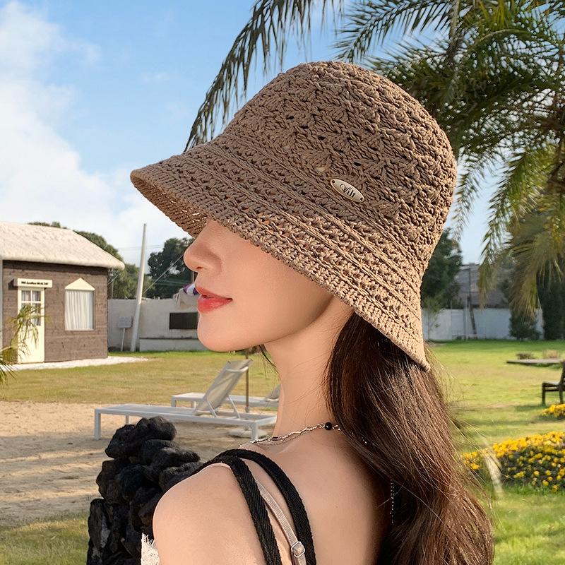 Hollow Knitted Solid Color Hat Women's Summer Eaves Breathable Bucket Hat Sunshade Sunscreen Washbasin Hat