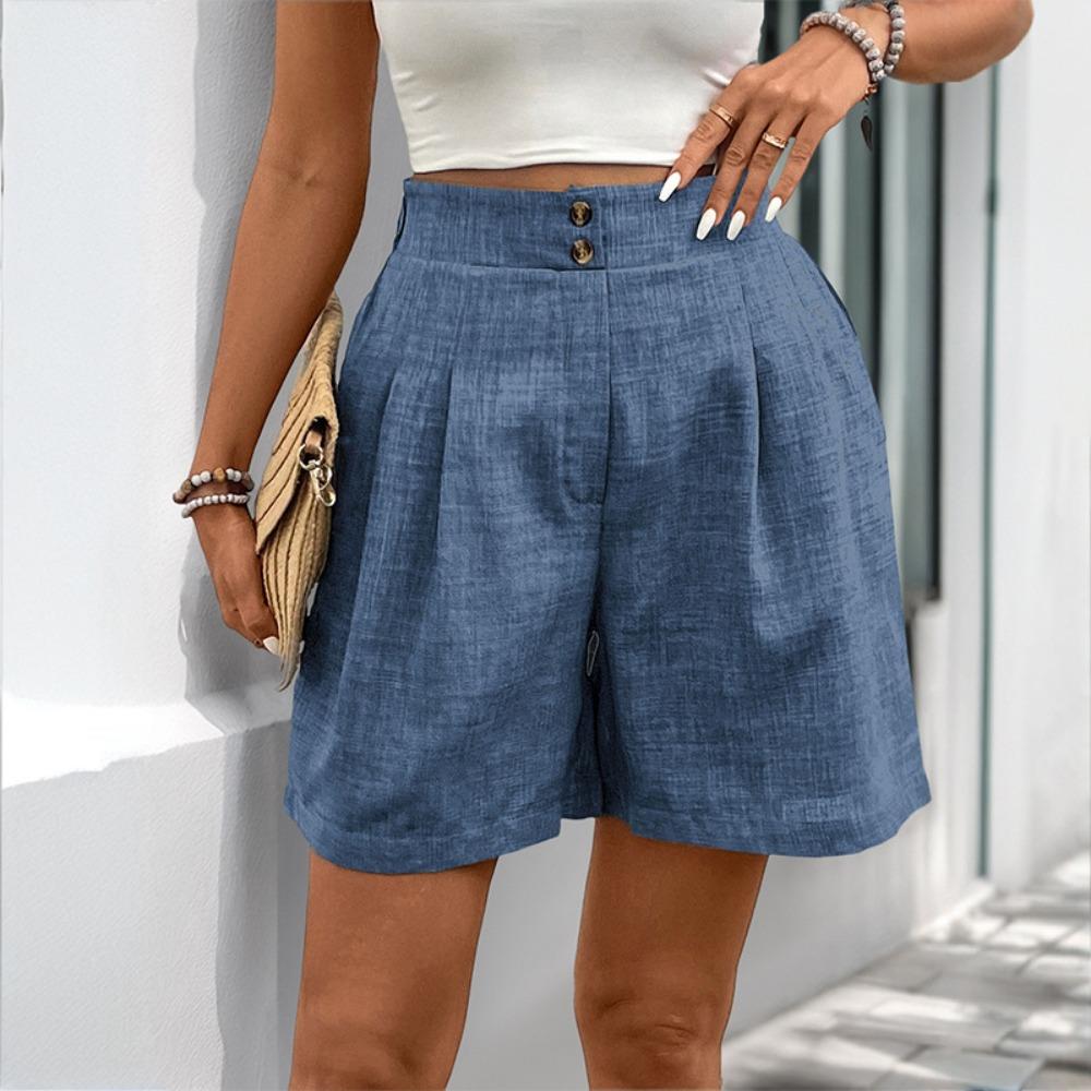 Women's Elastic High Waist Straight Leg Shorts Solid Color Button Pleated Casual Bermuda Shorts