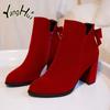 Red Carpet Cow Suede Wedding Women's Shoes 2024 New Fashion Keep Warm Butterfly Knot High Heels Pumps Party Ankle Boots Autumn