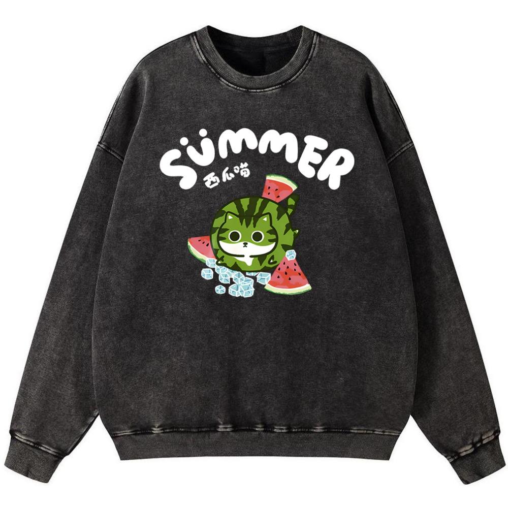 

Кошки Едят Кубики Льда И Арбузы Женская Винтажная Толстовка из Тонкого Хлопка с Эффектом Потертости, Свободный Пуловер Худи 3XL