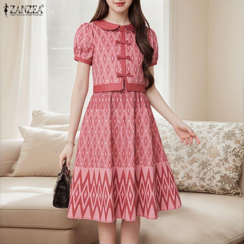ZANZEA Women Summer Casual Short Sleeve Retro Print Dress