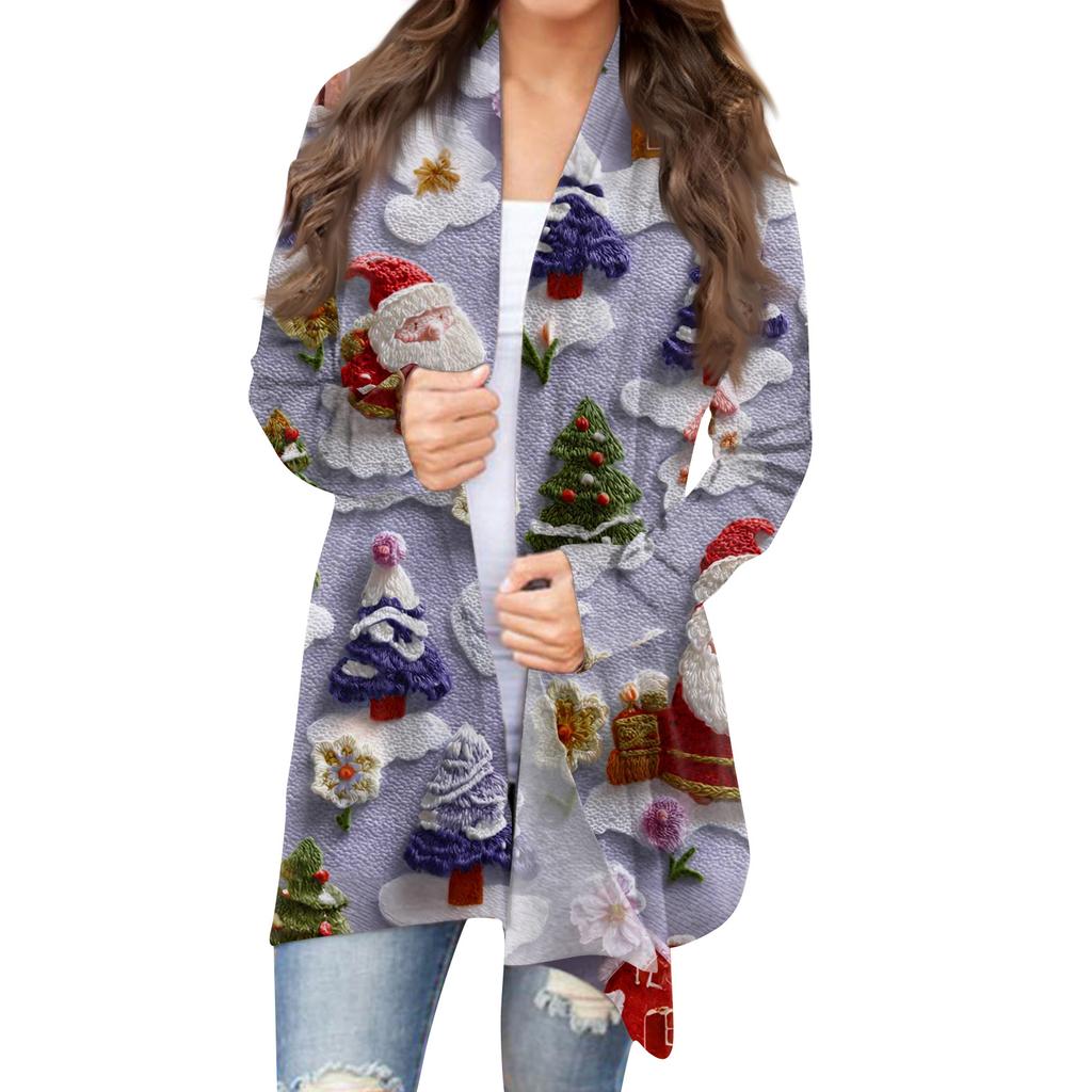 Women's Fashion Christmas Print Jacket Long Sleeve Casual Cardigan Coat