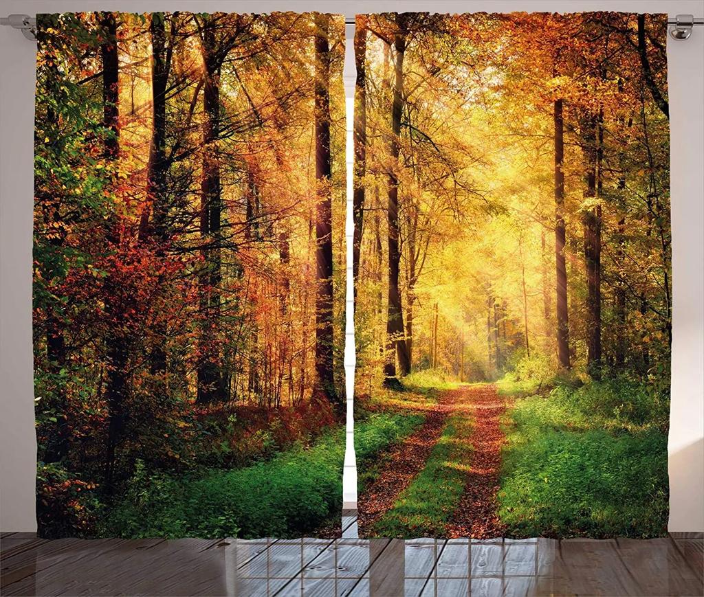 3D Curtain Tree Scenery for Bedroom, Autumn Forest Sunset Print, Light Curtain, Essential Polyester, 2 Panels
