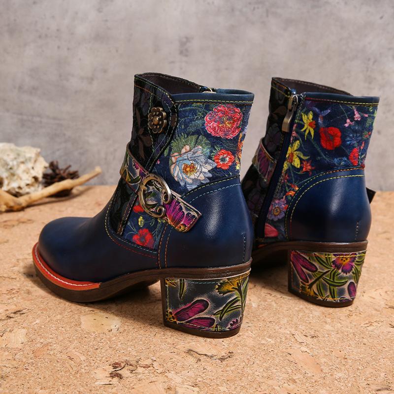 Johnature Vintage Floral High Heeled Women's Boots Genuine Leather Shoes Hand-painted Belt Buckle Fashion Short Boots