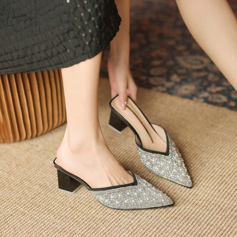 Baotou Half-tray Shoes Women Wear New Rhinestones In Summer, Fairy Thick Heels, Pointed High Heels, Women's Fashion Sandals