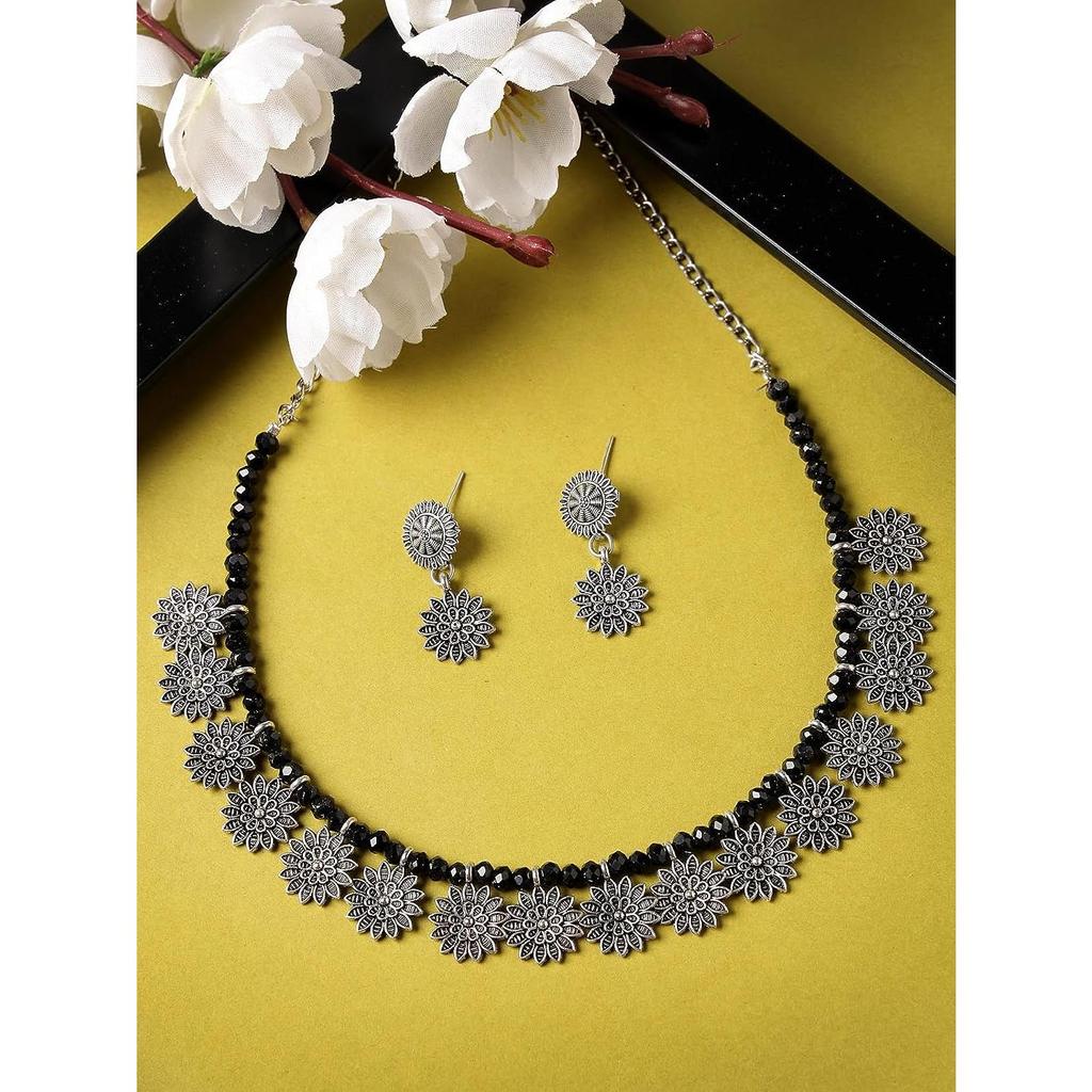 Trendy Oxidised Silver Plated Floral Shaped Choker Necklace Set For Women