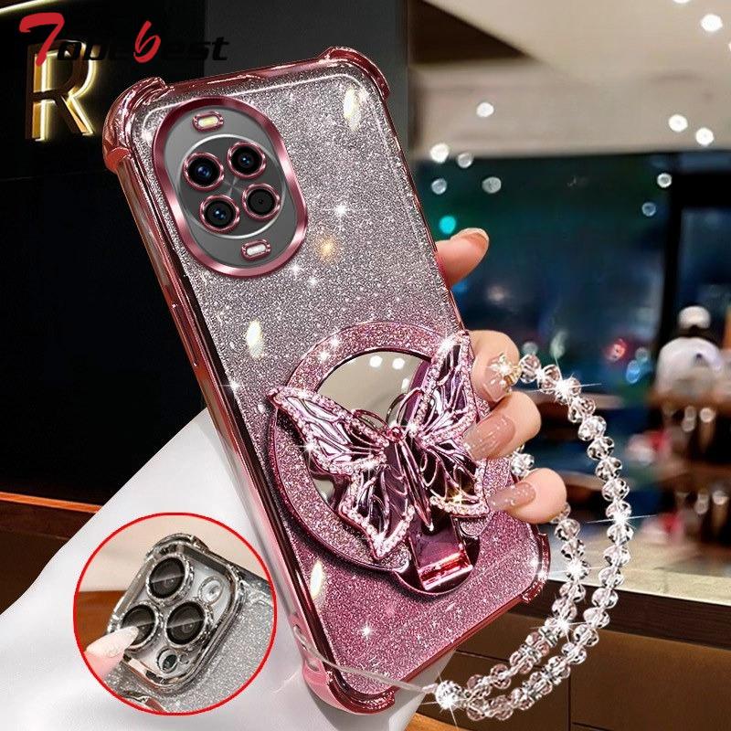 Glitter Butterfly Mirror Crystal Bracelet Case For Oneplus 13 13T 15 12 11 11R ACE 5 3 2 Pro Shockproof Plating Cover