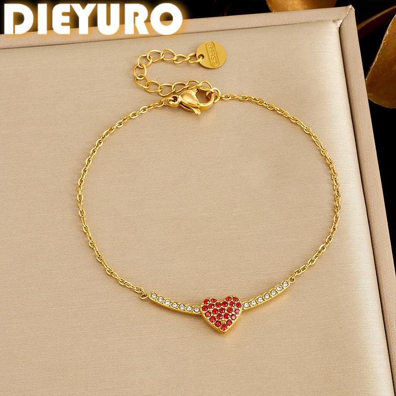 DIEYURO 316L Stainless Steel Gold Plated Red Rhinestone Heart Bracelet Lady Dainty Link Chain Adjustable Charm Hand Chain