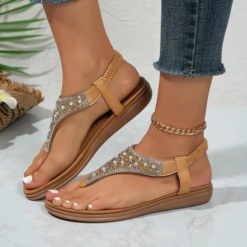 Fashion Lucyever Summer Clip Toe Bohemia Sandals Women 2024 Fashion Shiny Crystal Flat Sandalias Woman Non Slip Sole Beach Sandles Mujer