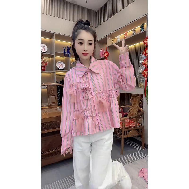 

2025 Spring New Arrival Three-Dimensional Flower Patchwork Stripes Pink Shirt Female Stylish Youthful Undershirt Long Sleeves Tops Pink 2XL