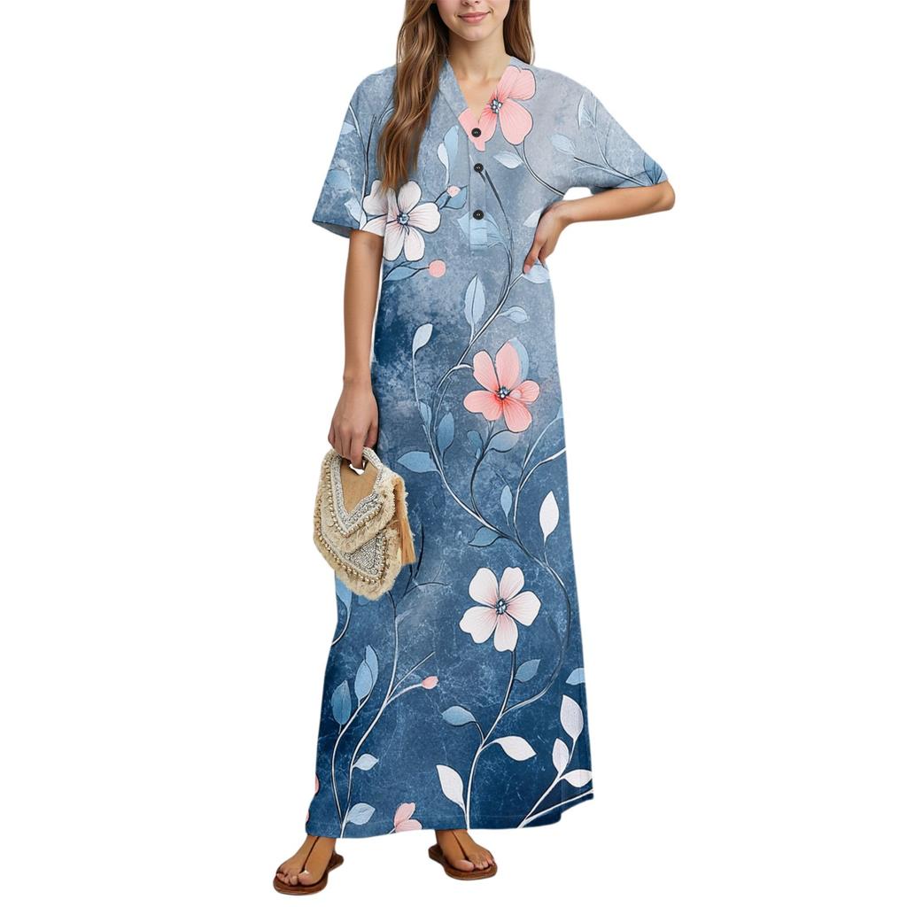 Women's Fashion Printed Nightgown Home Clothes Short Sleeve Nightgown With Pockets Long Dress