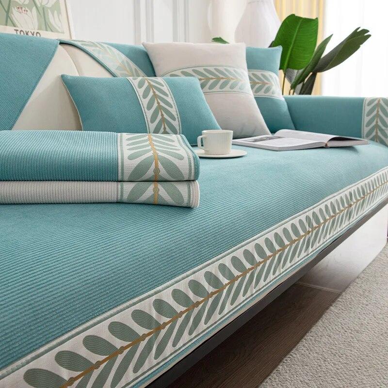 Luxury Leaves Embroidery Sofa Covers Chenille Universal Non-slip Leather Sofa Cushion Furniture Protector Living Room Slipcovers
