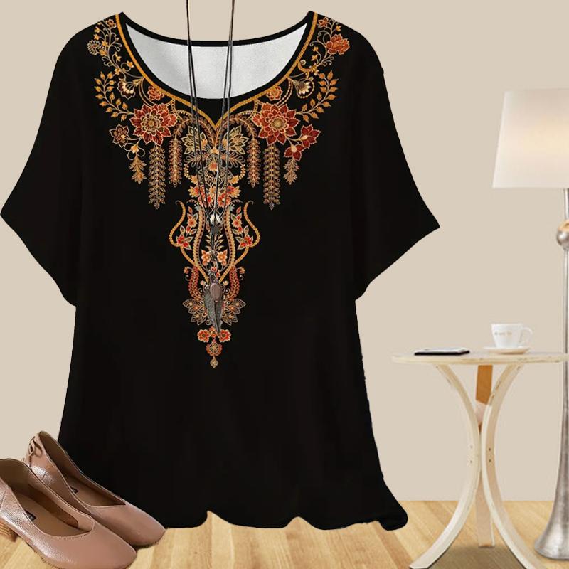 

Женская мода повседневная свободная весенняя рубашка женские топы с коротким рукавом винтажные изысканные узоры с принтом 6XL чёрный