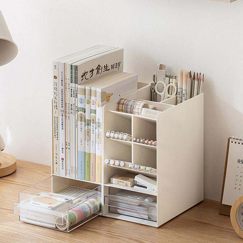 Inclined Pen Holder, Desktop Storage Artifact, Office, Student Desk, Three-in-one Grid Design, Stationery Storage Box