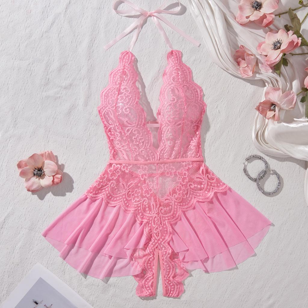 New Sexy Crotchless Pink Lingerie Women Set Lace Patchwork Hollow Bodysuit Erotic Pajamas Teddy Babydoll Dress Deep V Open Bra