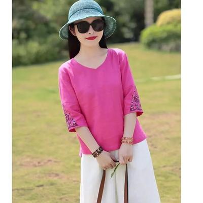 Damen Sommer Fünf-Ärmel Einfaches Stickerei Top Pendler Freizeit T-Shirt