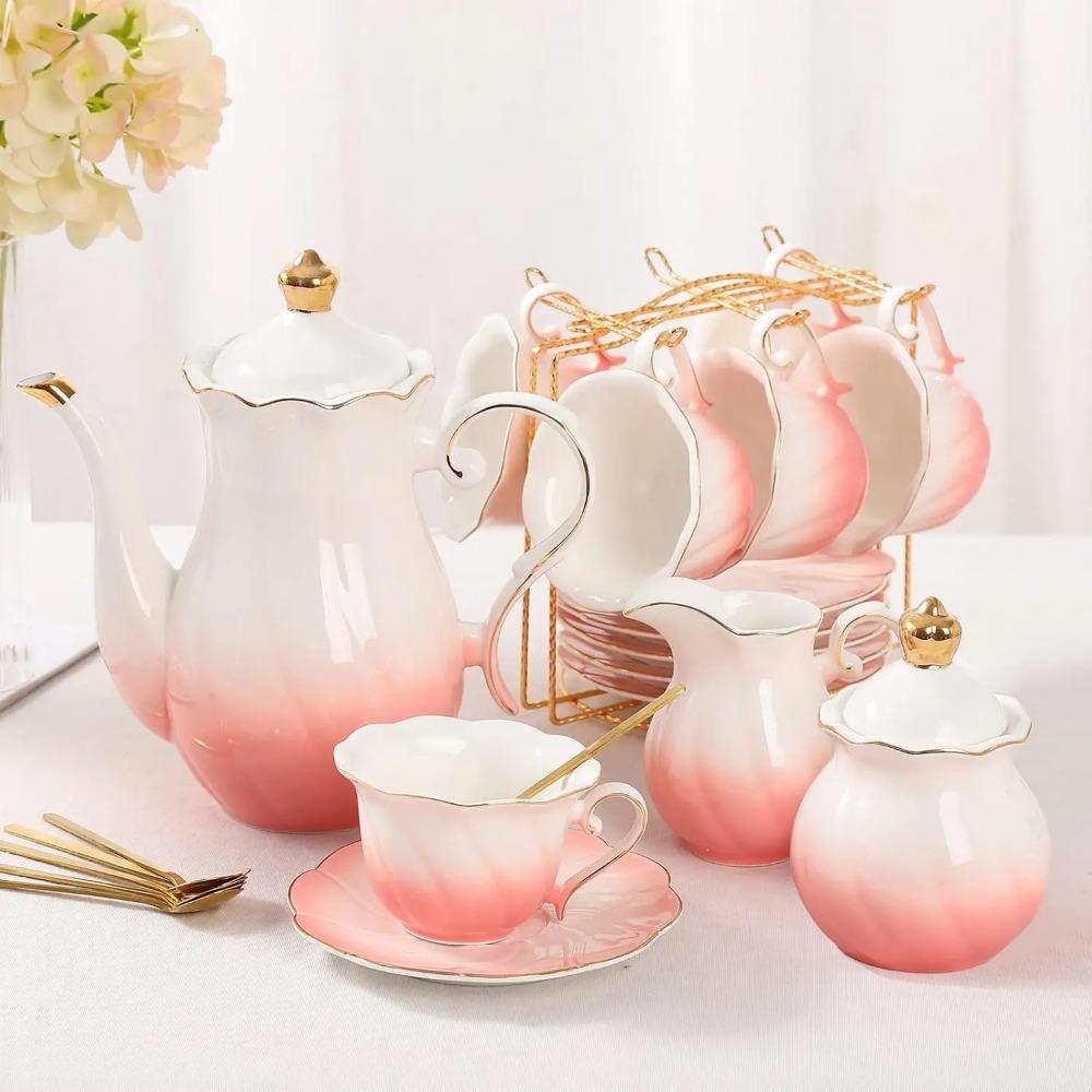 22 pcs Porcelain Tea Set for 6, Luxury British Style Tea/Coffee Cup Set with Golden Trim, Beautiful Tea Set for Women