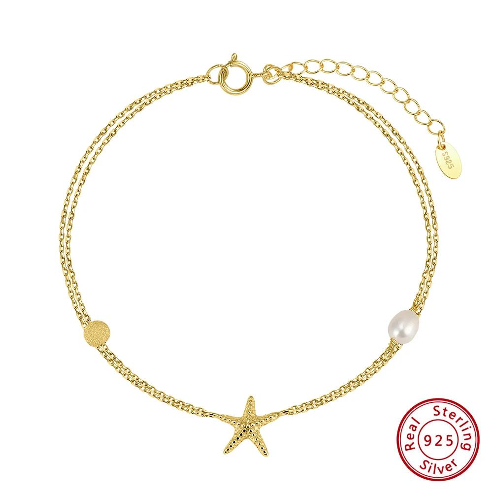 ORSA JEWELS Vintage Double Layer 925 Silver Star Anklet with Natural Pearl Starfish Foot Chain Beach Jewelry SA101