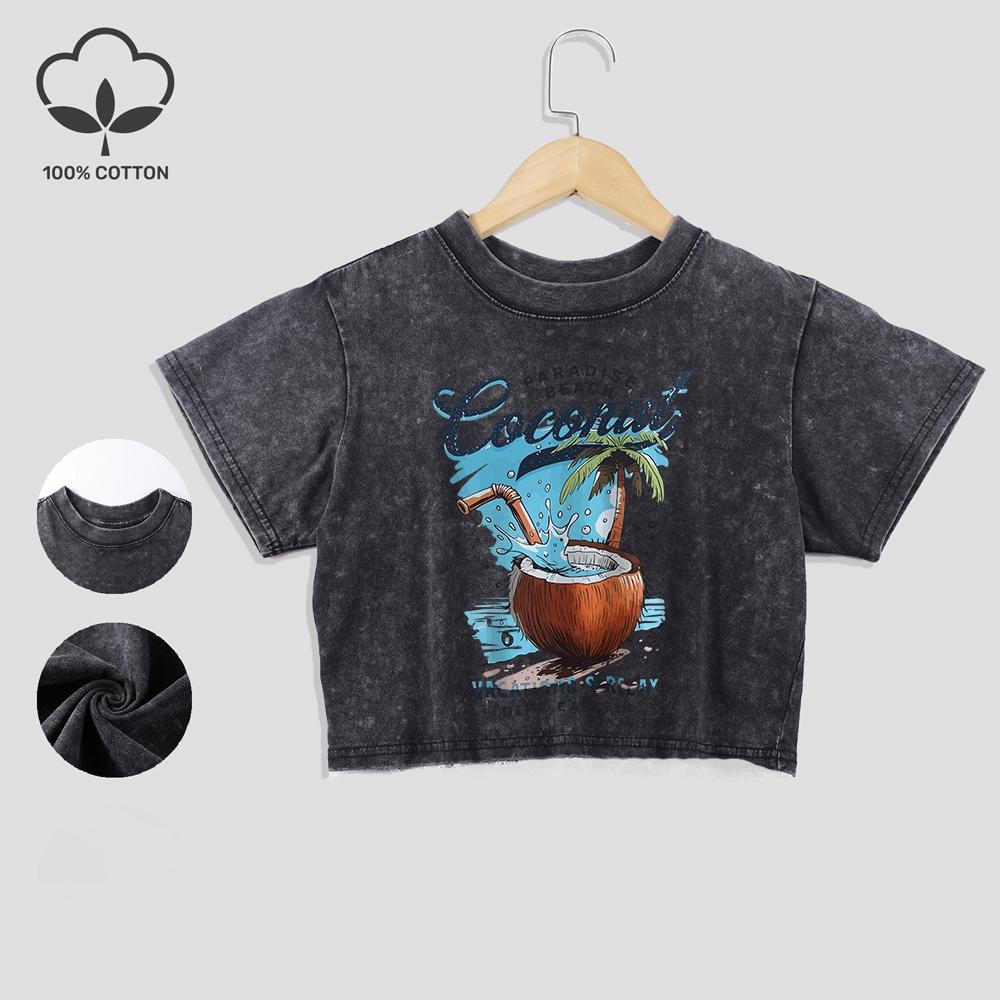 Paradise Beach Coconut Prints Cotton Crop Tops All-Math Summer Lace Hem Washed T-Shirt Regular Fit O-Neck Tees Casual Clothes
