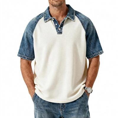 Men's Denim Patchwork Shirt, Casual Short-sleeved Comfortable T-shirt, Fashionable For Spring And Summer.
