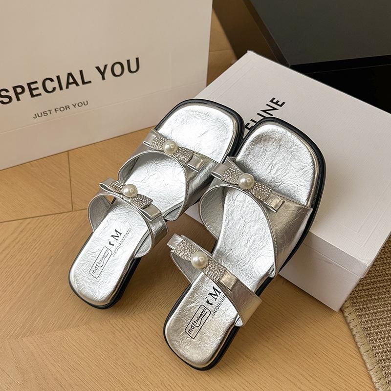 

Color pearl stiletto fashion sandals bow women s drags 2025 summer new high-heeled slippers 40