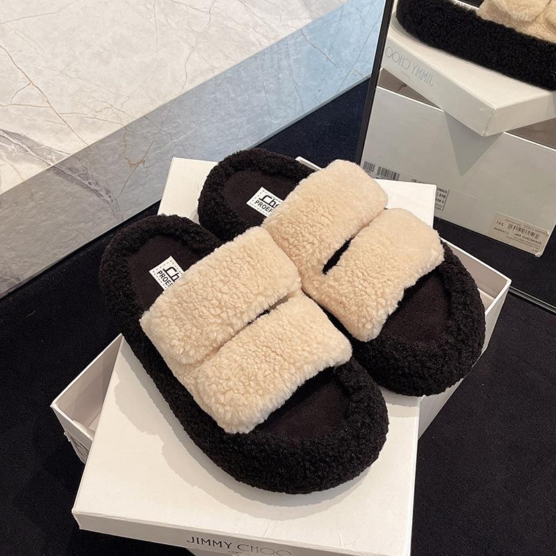 

Thick-soled fluffy slippers women s outer wear 2025 autumn and winter new cotton slippers fashionable and comfortable one-word slippers 40 хаки