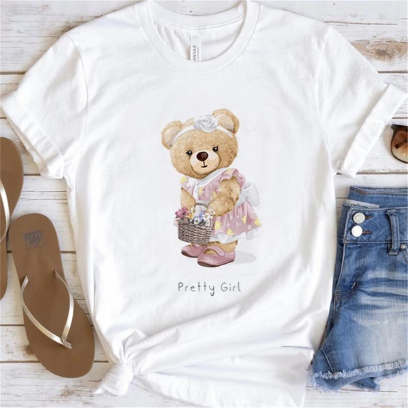 Cute Little Bear Print TShirt Summer Trend White Short Sleeve Neck Casual Sports Aesthetic Clothes Womens Graphic T Shirts