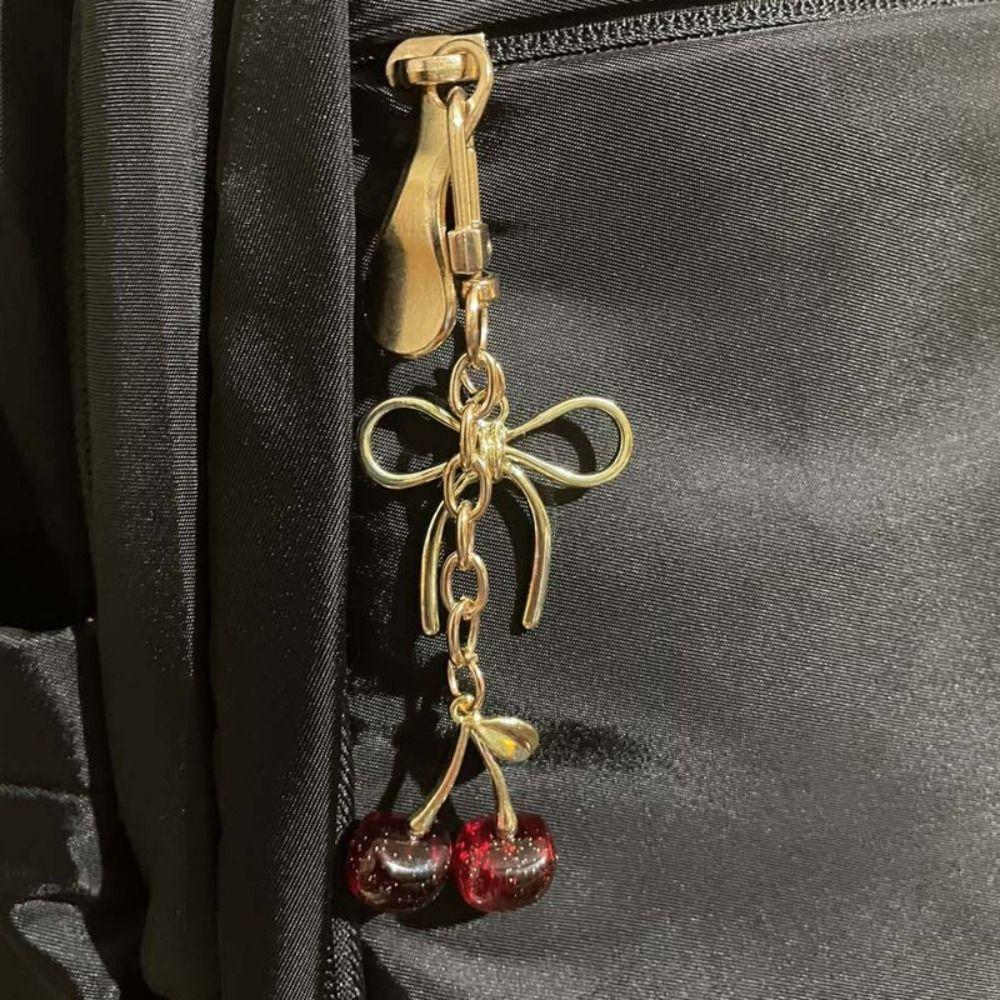 Fashion Delicious Red Cherry Bow Keychain Summer Fruits Cherries Pendant Keyring For Women Men Jewelry Bag Accessories Gift