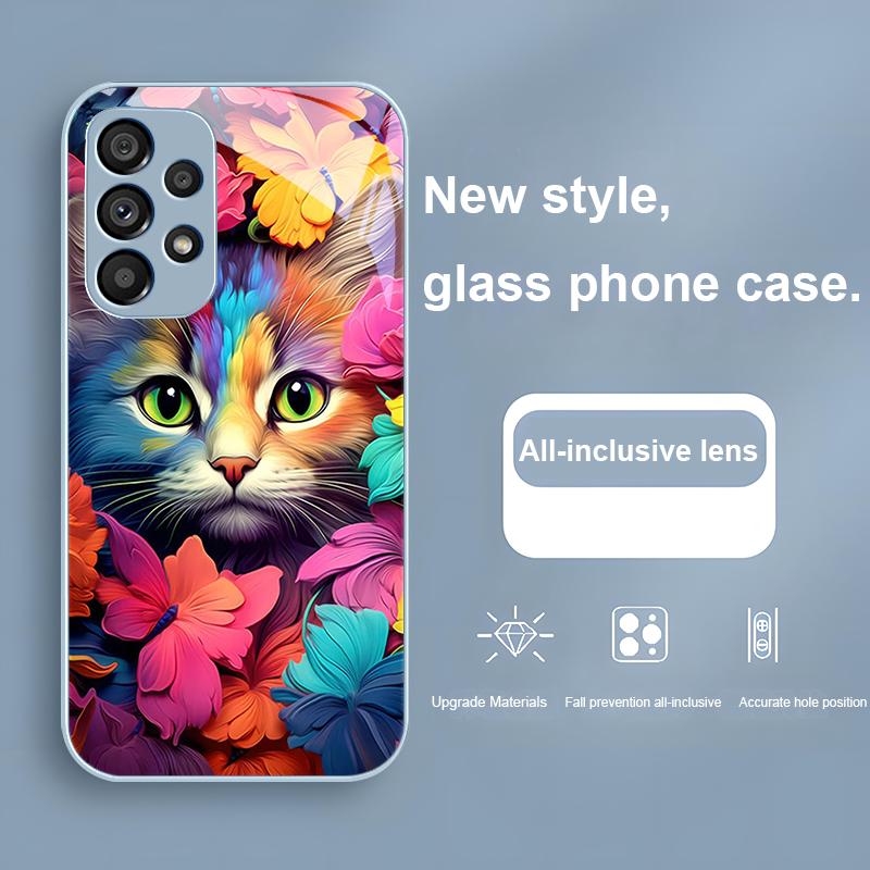 Bunte Blumenkatze Grün Für Samsung Galaxy S24 Plus S20 21 FE S23 Ultra S8 9 A70 72 73 50 51 52 53 Gehärtetes Glas Handyhülle