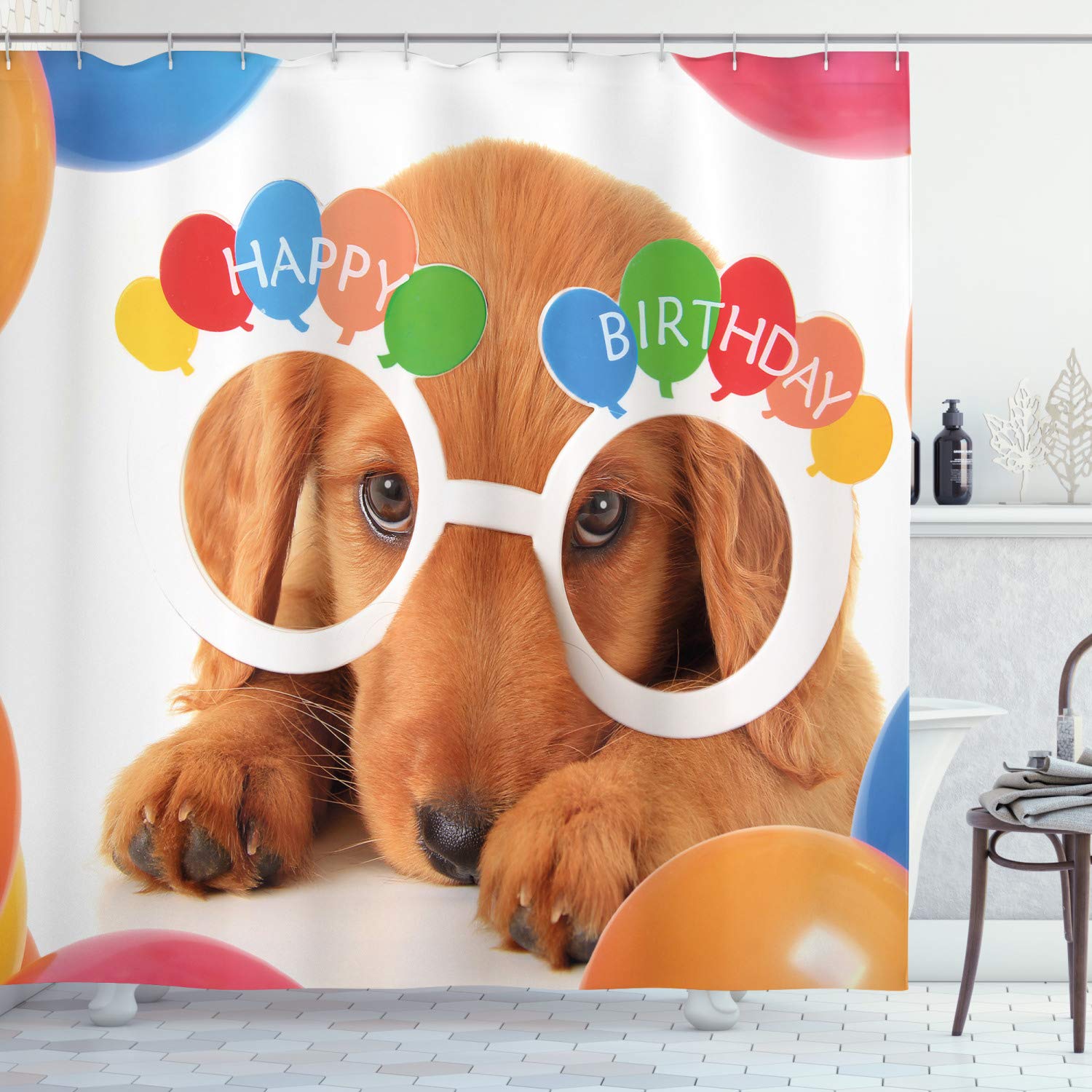 

Birthday Party Shower Curtain Set,Little Monsters The Celebration Cones Rain And Balloons,Polyester Bath Decor Bathroom Curtains W60H190(CM)-1 Pcs