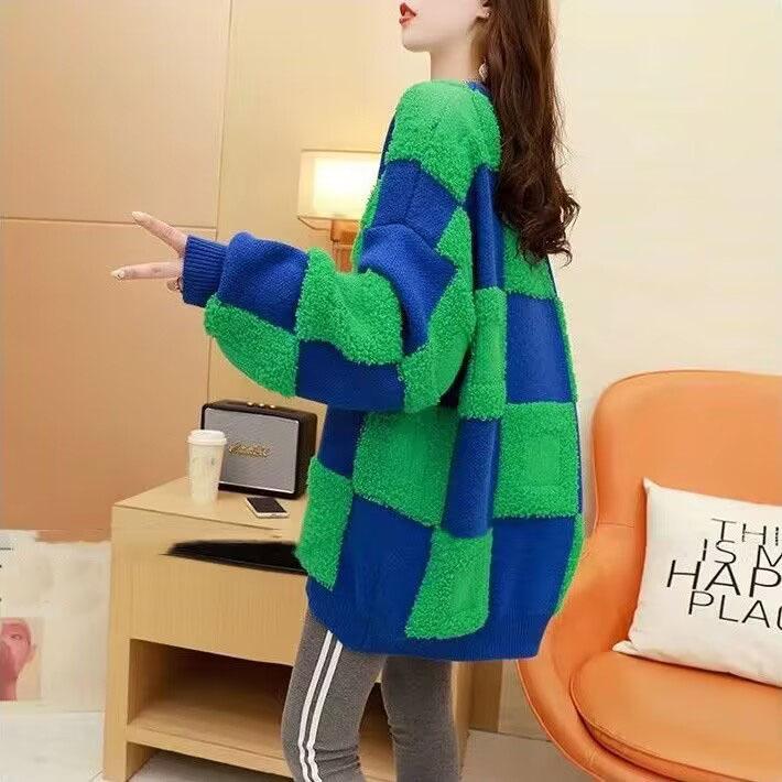 Sweter damski jesień zima projekt damski mały niebieski zielony szwy krata sweter damski nowy leniwy sweter topy