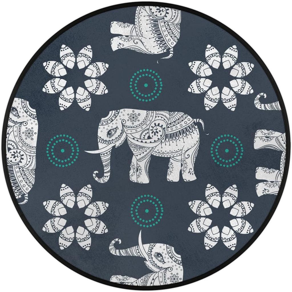 National Animal Elephant Round Rug,Washable Soft Circular Floor Mat, Non Slip Low Pile Area Rugs for Kids Room Bedroom Bathroom