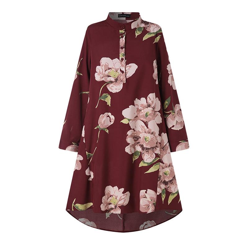 2024 Women's Floral Print Asymmetrical Round Neck Shirt Dress