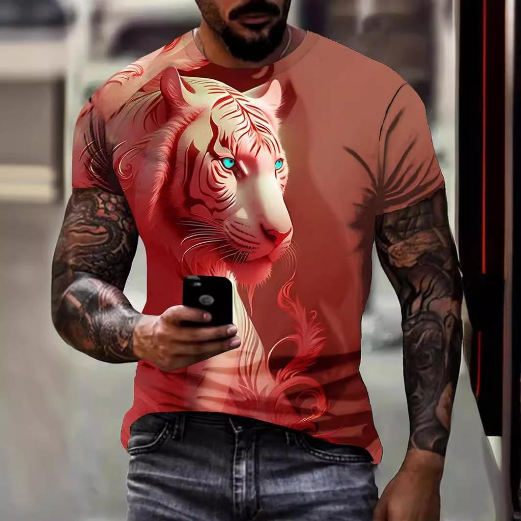 Summer Round Neck 3D Tiger Pattern Print Top Fashionable Casual Short Sleeved Men's T-shirts