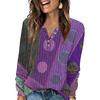 Women's Fashion V-Neck Button-Up T-Shirt With Patchwork Print Long-Sleeved Top