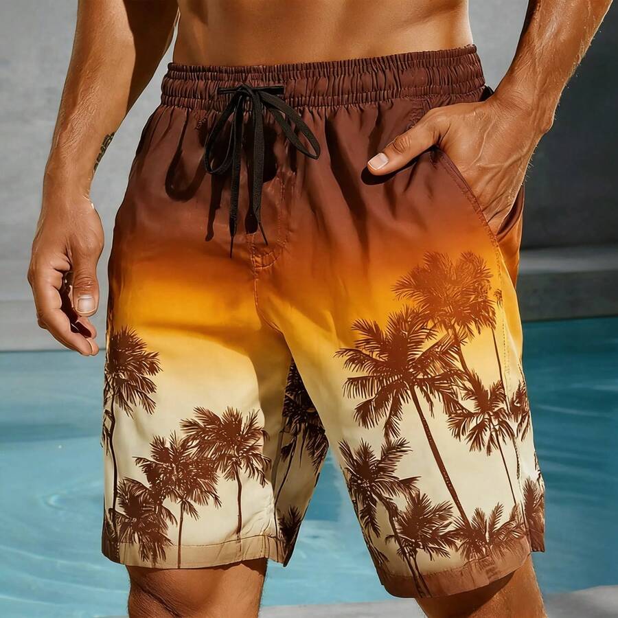 Men's Board Shorts Gradient Multicolored Palm Tree 3D Print Casual Beach Shorts Summer Casaul Vacation Lightweight Sport Shorts