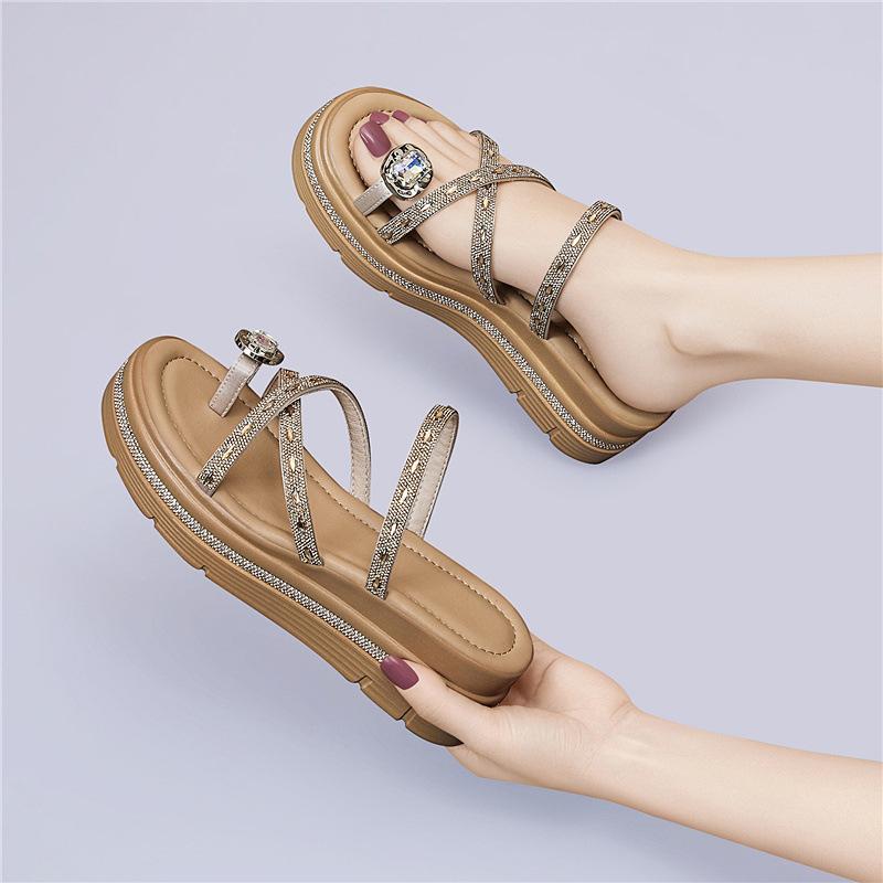 

Light luxury rhinestone slope heel Roman shoes new platform sole single shoes soft sole ins wind commuting shallow mouth versatile sandals 34