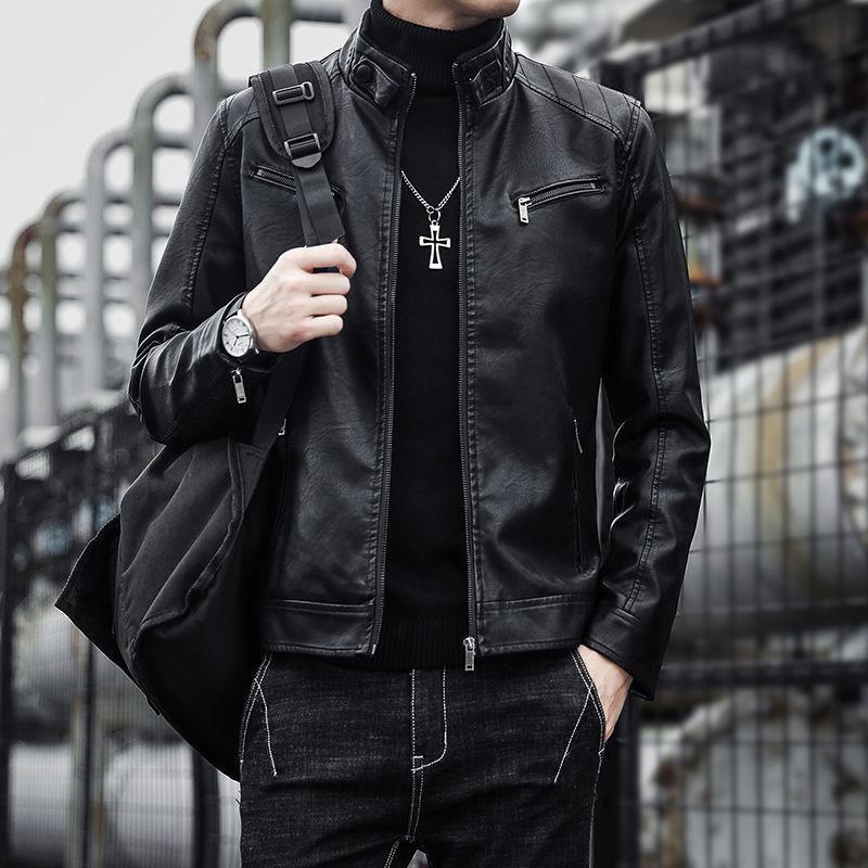 Men's Leather Jacket Spring and Autumn Thin Short Trendy Handsome Locomotive Leather Jacket Autumn and Winter Velvet Thickened Men's Jacket