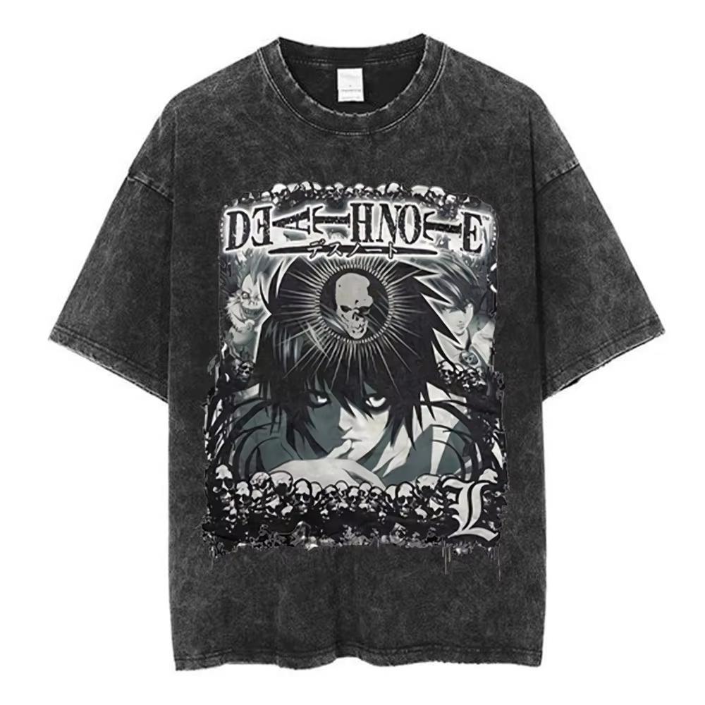 2026 Summer Hot Sale Vintage Washed Anime Death Note Graphic T Shirts Men Women Vintage Hip Hop Streetwear Oversized Tshirt