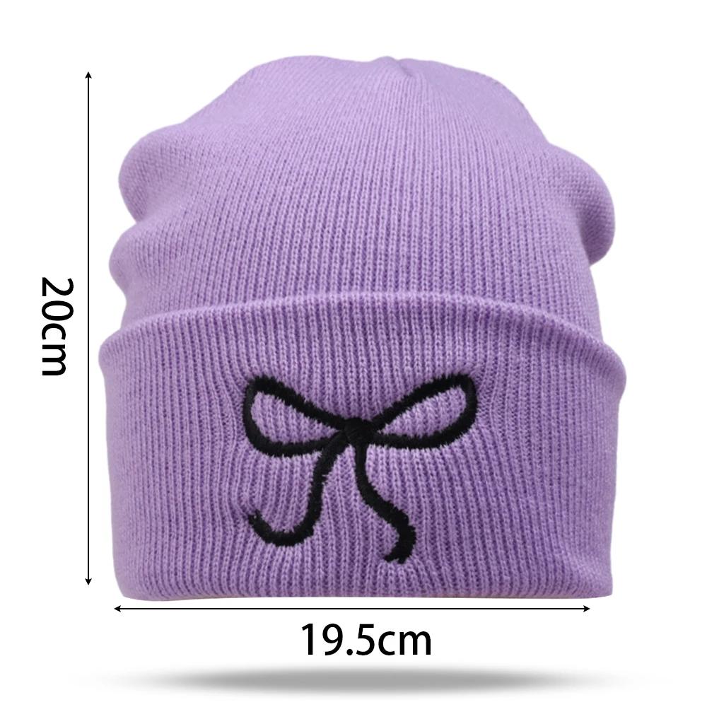 Y2K Bow Embroidered Knitted Hat Autumn And Winter Warm Women Beanies Cap Korean Fashion Solid Color Female Girls Skullcap Bonnet