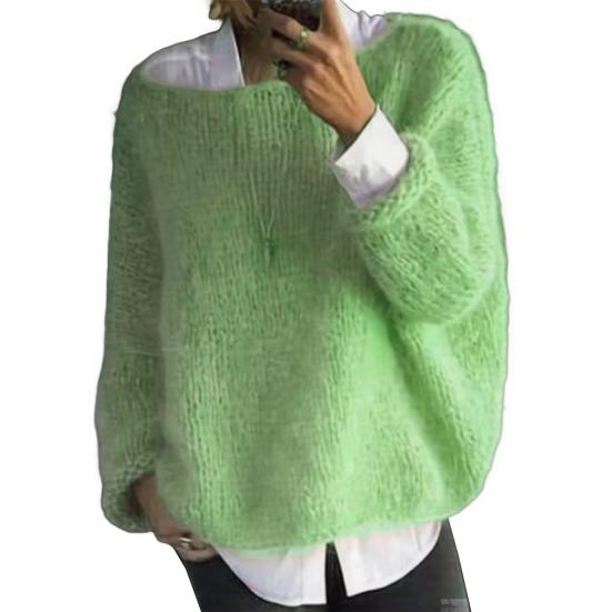 Women Sweater Round Neck Long Sleeve Loose Fit Knitting Tops Breathable Loose Hem Solid Color Knitwear