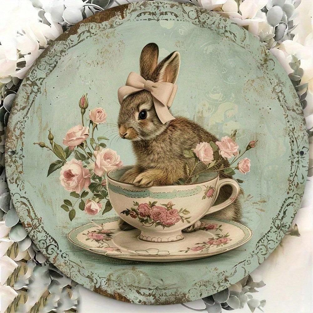 Whimsical Rustproof Aluminum Rabbit Wall Art Sign, Vintage Farmhouse Decor for Indoor Outdoor Relaxation, 8x8 Inch Metal Plaque