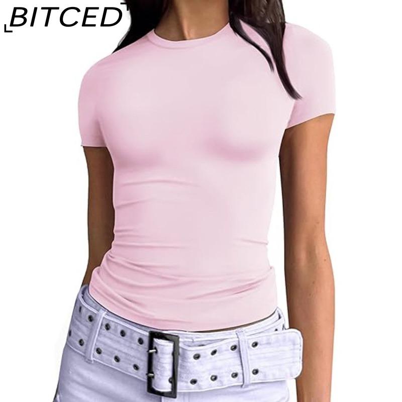 BITCED Damska koszulka z długim rękawem na lato: Stylowe topy z dekoltem O, dopasowane, do noszenia jako warstwa zewnętrzna