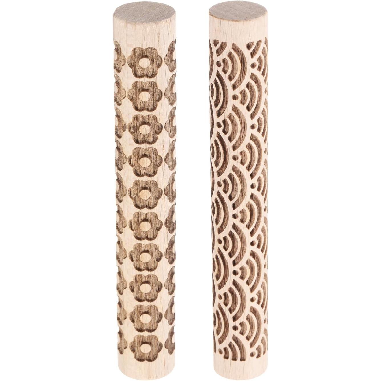 HARFINGTON 2pcs Wood Clay Roller 4  Straight Lines Curved Lines Pattern Rolling P Wood Rollers Pottery Tools Wood Grain Texture Rollers for Clay Water Wave + Flower