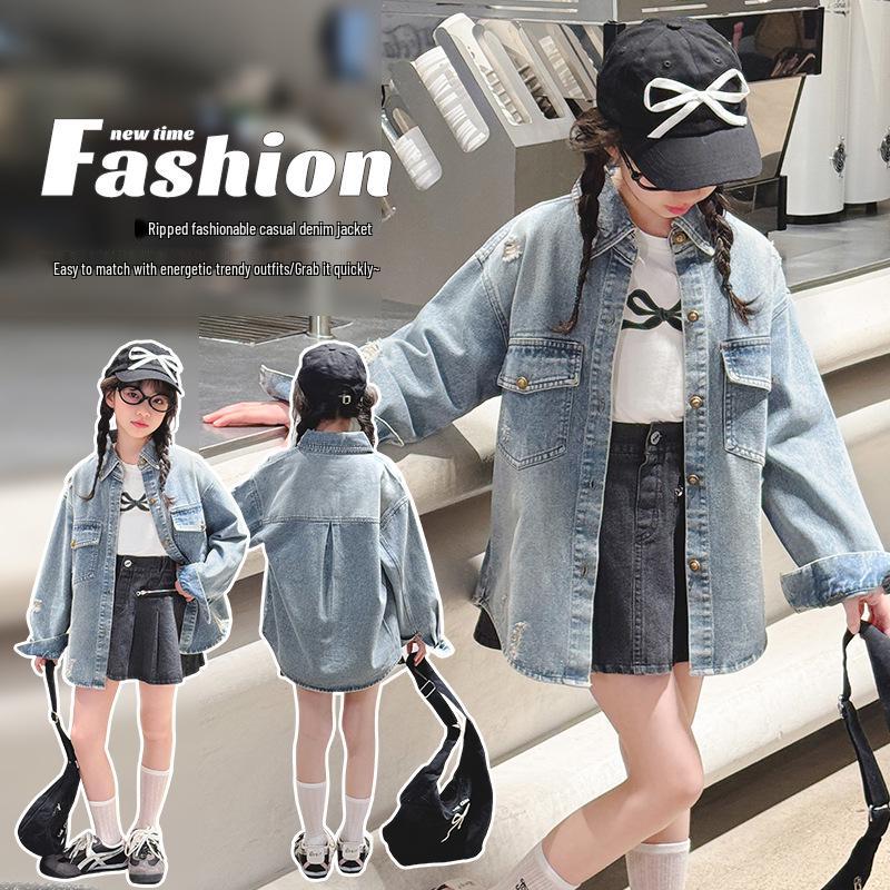 Big Girls' Fashion-Forward Distressed Denim Shirt Jacket - Spring/Autumn 2025
