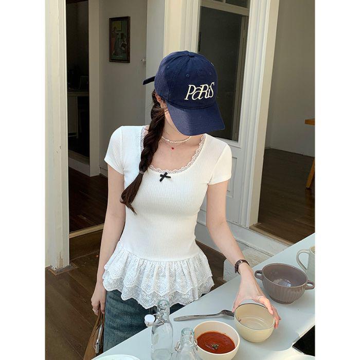 

Белая футболка в балетном стиле с кружевной отделкой - Женский облегающий топ с коротким рукавом Large белый