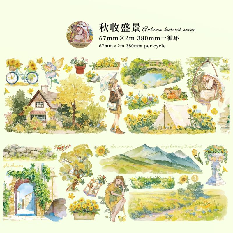 PET Tape Beautiful Time Series Garden Scenery Character Pattern Hand Account Landscape Tape DIY Greeting Card Cup Decoration