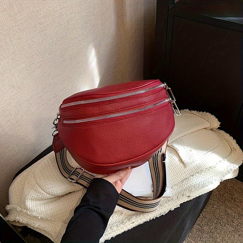 High Looks Simple Fashion Double Zipper Fanny Pack Daily Commuting with A Wide Shoulder Strap Leather Shoulder Bag