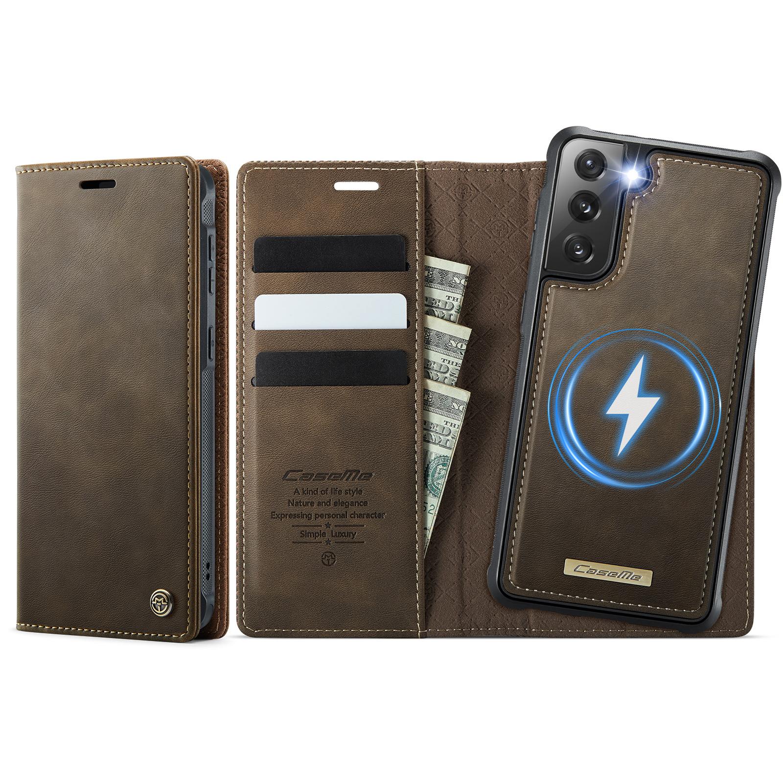 Чехол для Samsung Galaxy S21 FE 5G CASEME C49 Совместимый с MagSafe Блокировка RFID Съемный кошелек Кожаный чехол для телефона Coffee