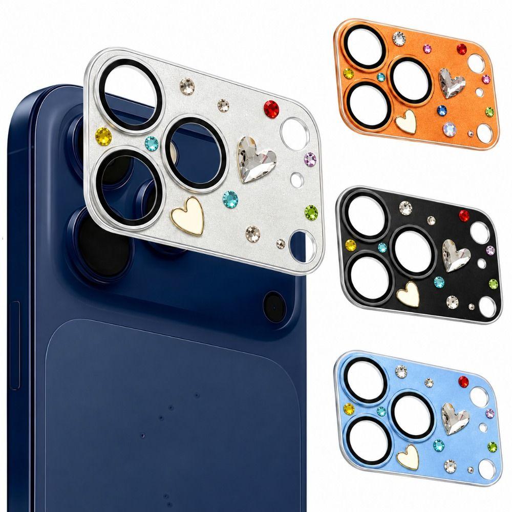 Diamond 3D Heart Glass Cell Phone Camera Protector Clear HD Anti Scratch Cell Phone Lens Film Full Cover for iPhone18 Pro Max 4